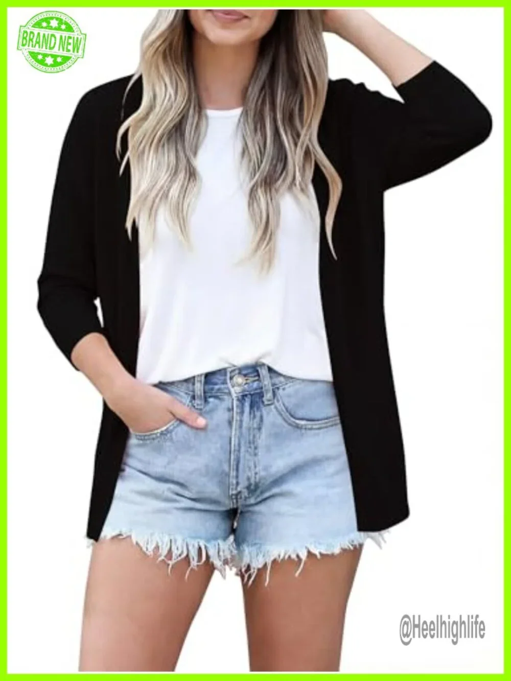 Lightweight Open Front Cardigan with Pockets V-Neck 3/4 Sleeve Knit